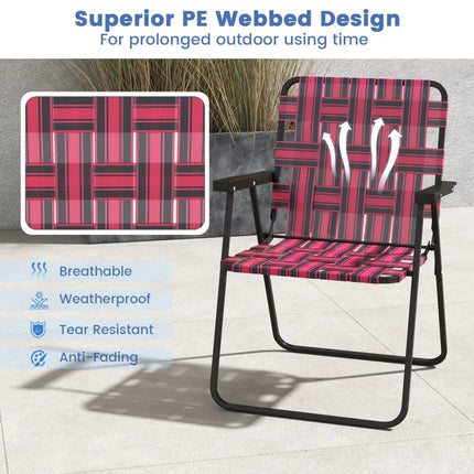 2 Pieces Folding Beach Chair Camping Lawn Webbing Chair-Red - Red - Beach & Lawn Chairs