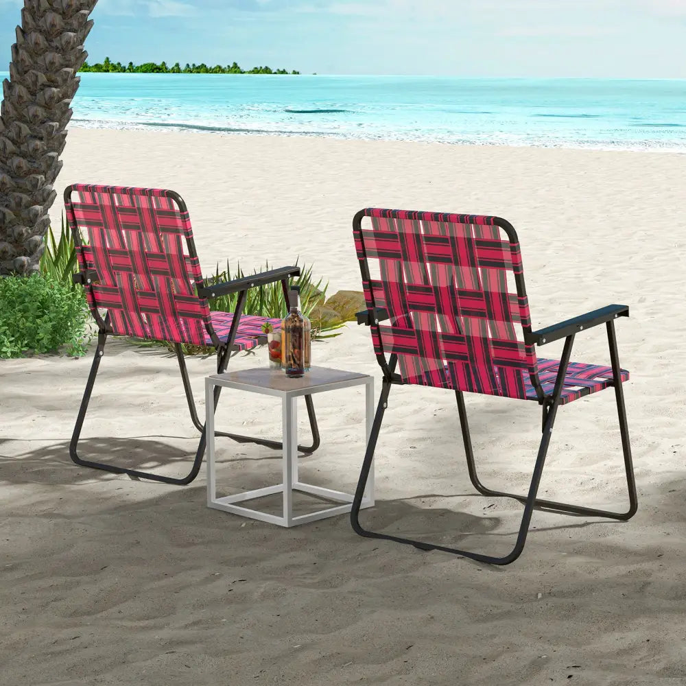 2 Pieces Folding Beach Chair Camping Lawn Webbing Chair-Red - Red - Beach & Lawn Chairs