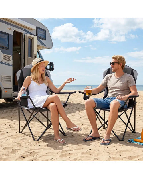 2 Pieces Folding Camping Chairs for Adults with Cup Holders-Black - Black - Beach & Lawn Chairs