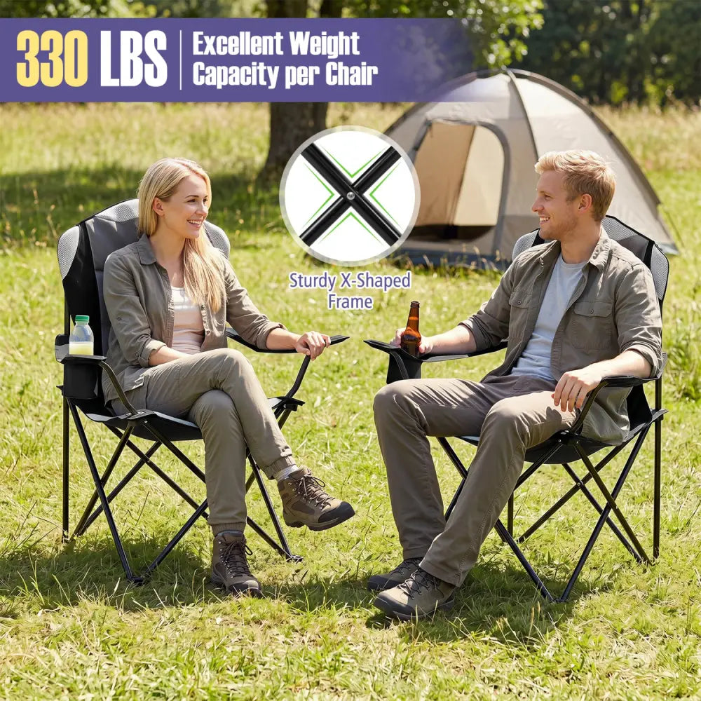 2 Pieces Folding Camping Chairs for Adults with Cup Holders-Black - Black - Beach & Lawn Chairs