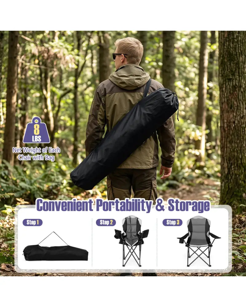 2 Pieces Folding Camping Chairs for Adults with Cup Holders-Black - Black - Beach & Lawn Chairs