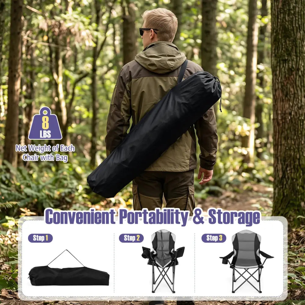 2 Pieces Folding Camping Chairs for Adults with Cup Holders-Black - Black - Beach & Lawn Chairs