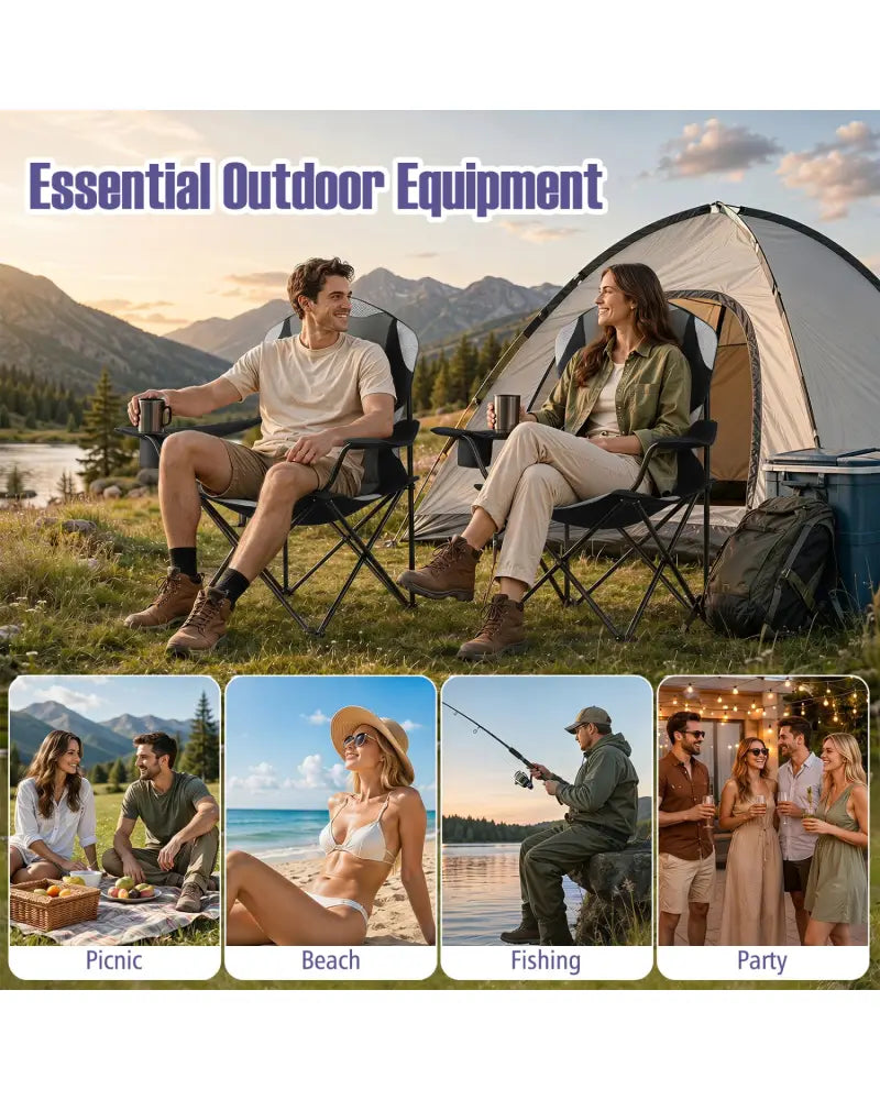 2 Pieces Folding Camping Chairs for Adults with Cup Holders-Black - Black - Beach & Lawn Chairs