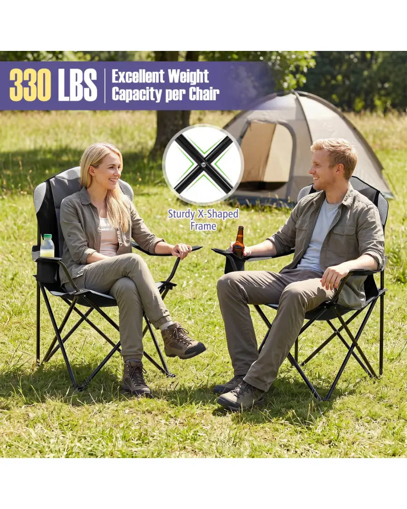 2 Pieces Folding Camping Chairs for Adults with Cup Holders-Black - Black - Beach & Lawn Chairs