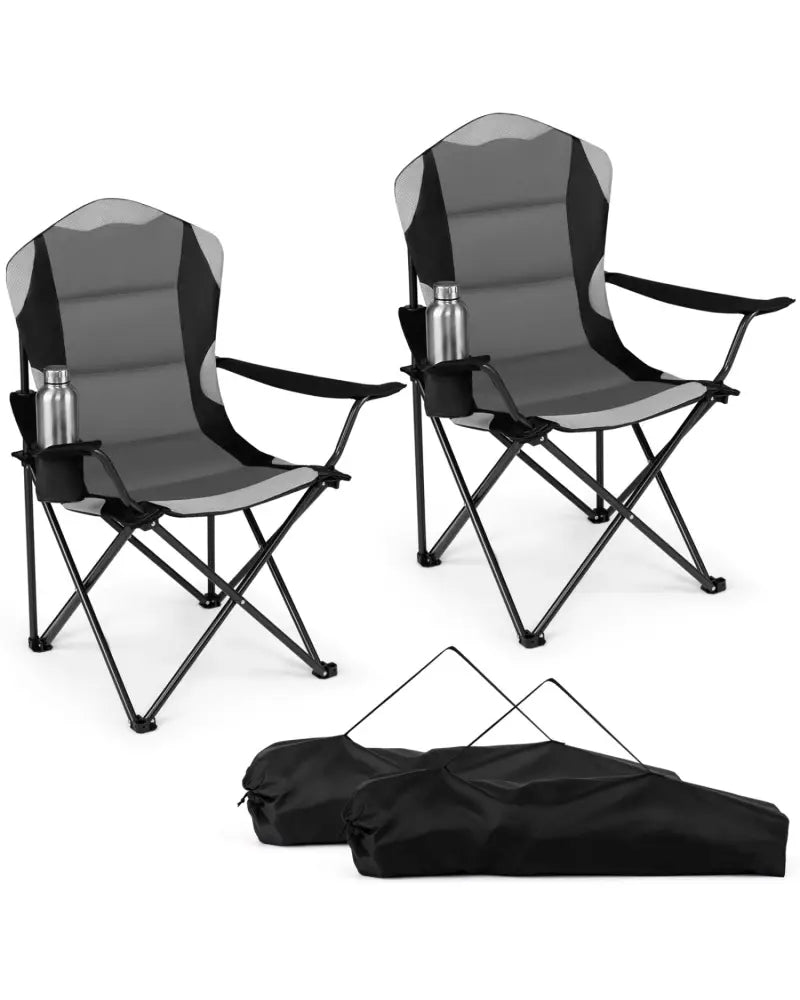 2 Pieces Folding Camping Chairs for Adults with Cup Holders-Black - Black - Beach & Lawn Chairs