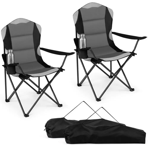 2 Pieces Folding Camping Chairs for Adults with Cup Holders-Black - Black - Beach & Lawn Chairs