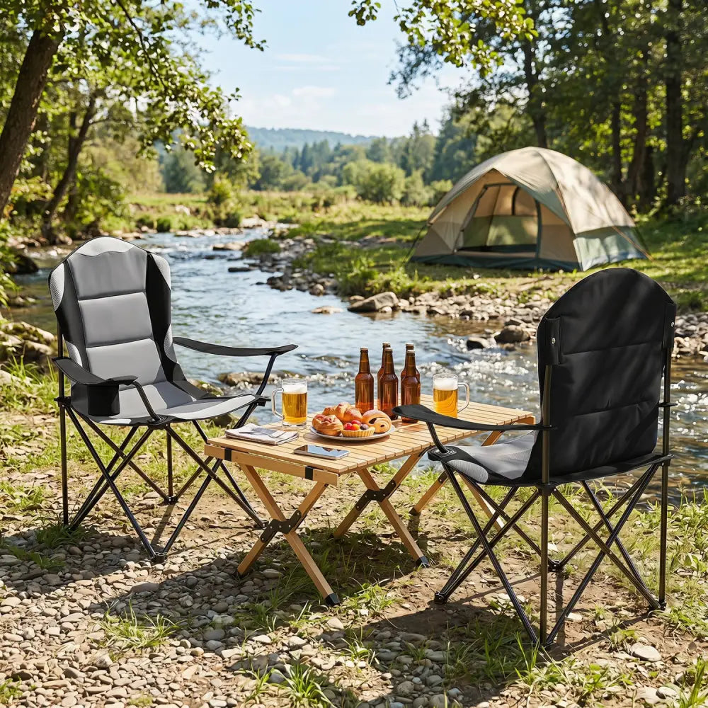 2 Pieces Folding Camping Chairs for Adults with Cup Holders-Black - Black - Beach & Lawn Chairs
