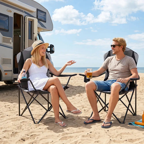 2 Pieces Folding Camping Chairs for Adults with Cup Holders-Black - Black - Beach & Lawn Chairs