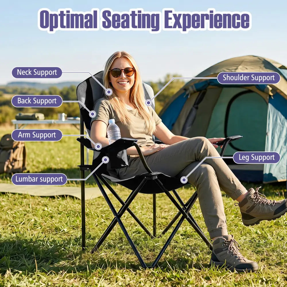 2 Pieces Folding Camping Chairs for Adults with Cup Holders-Black - Black - Beach & Lawn Chairs