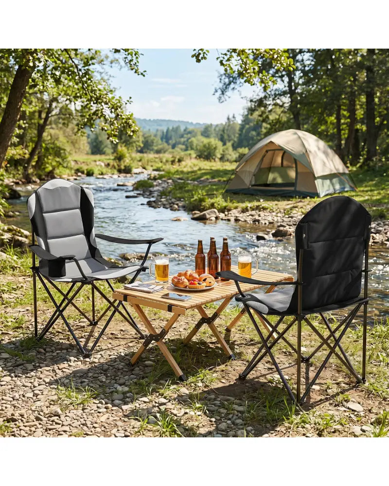 2 Pieces Folding Camping Chairs for Adults with Cup Holders-Black - Black - Beach & Lawn Chairs