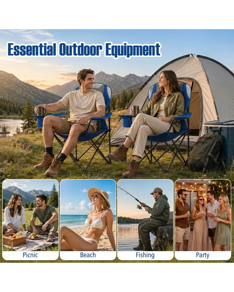 2 Pieces Folding Camping Chairs for Adults with Cup Holders-Navy - Navy - Beach & Lawn Chairs