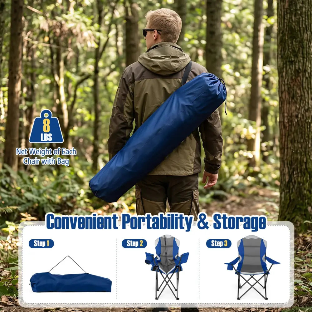 2 Pieces Folding Camping Chairs for Adults with Cup Holders-Navy - Navy - Beach & Lawn Chairs