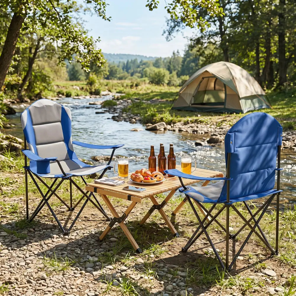2 Pieces Folding Camping Chairs for Adults with Cup Holders-Navy - Navy - Beach & Lawn Chairs