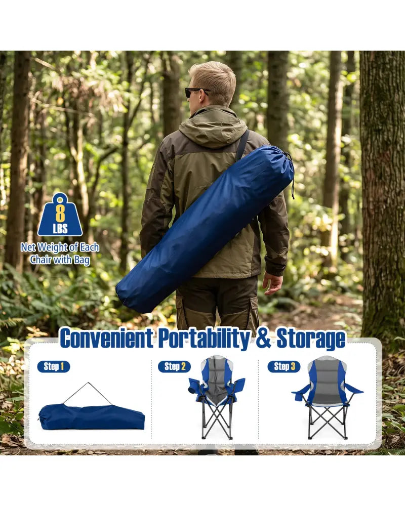 2 Pieces Folding Camping Chairs for Adults with Cup Holders-Navy - Navy - Beach & Lawn Chairs