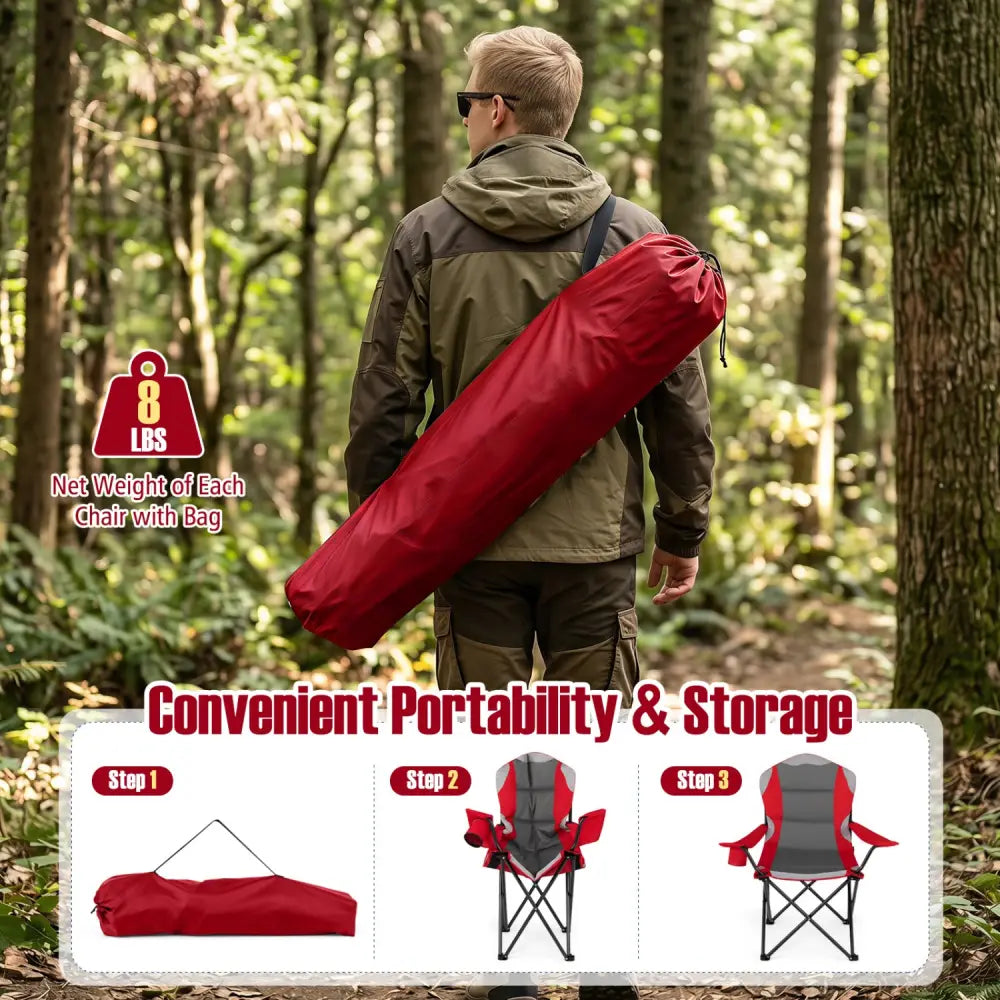 2 Pieces Folding Camping Chairs for Adults with Cup Holders-Red - Red - Beach & Lawn Chairs