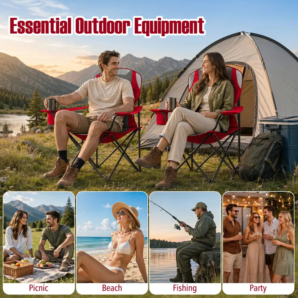 2 Pieces Folding Camping Chairs for Adults with Cup Holders-Red - Red - Beach & Lawn Chairs