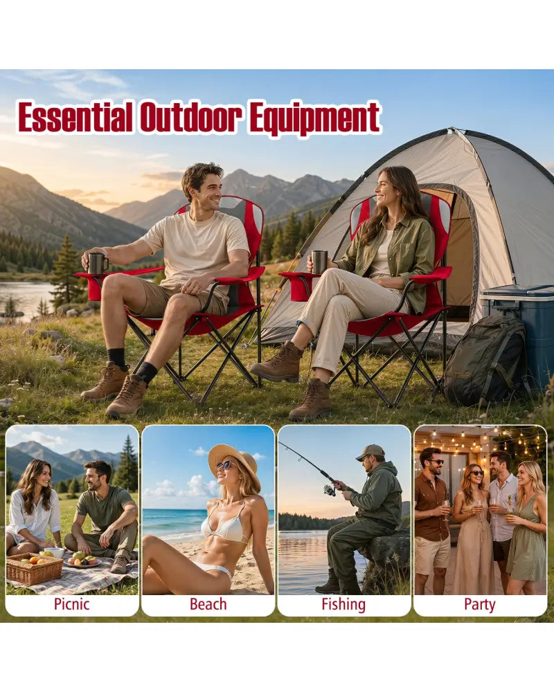 2 Pieces Folding Camping Chairs for Adults with Cup Holders-Red - Red - Beach & Lawn Chairs