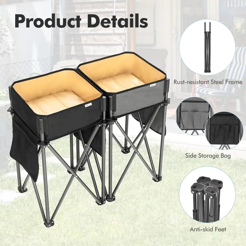 2 Pieces Folding Camping Tables with Large Capacity Storage Sink for Picnic-Black - Black - Camping Furniture