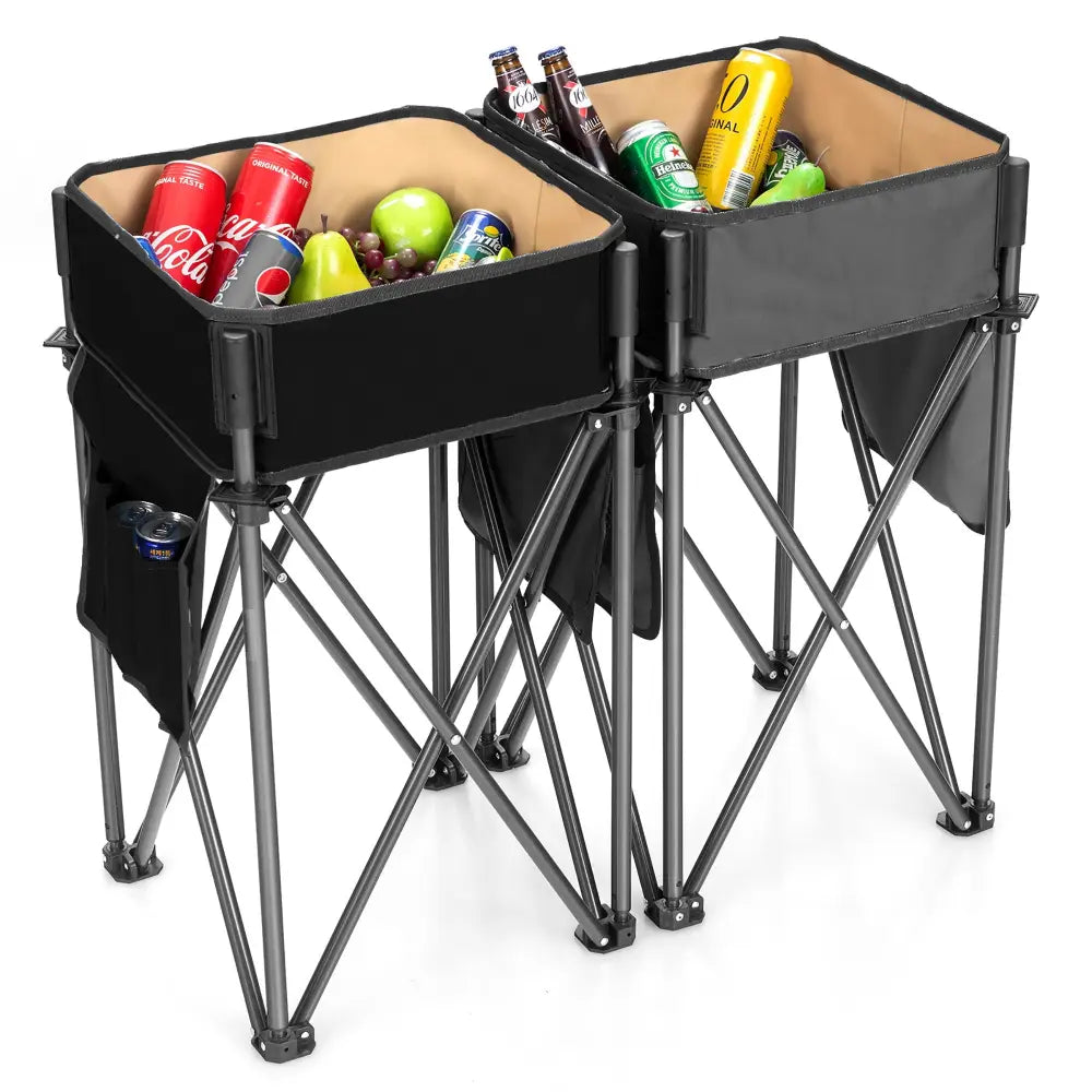 2 Pieces Folding Camping Tables with Large Capacity Storage Sink for Picnic-Black - Black - Camping Furniture