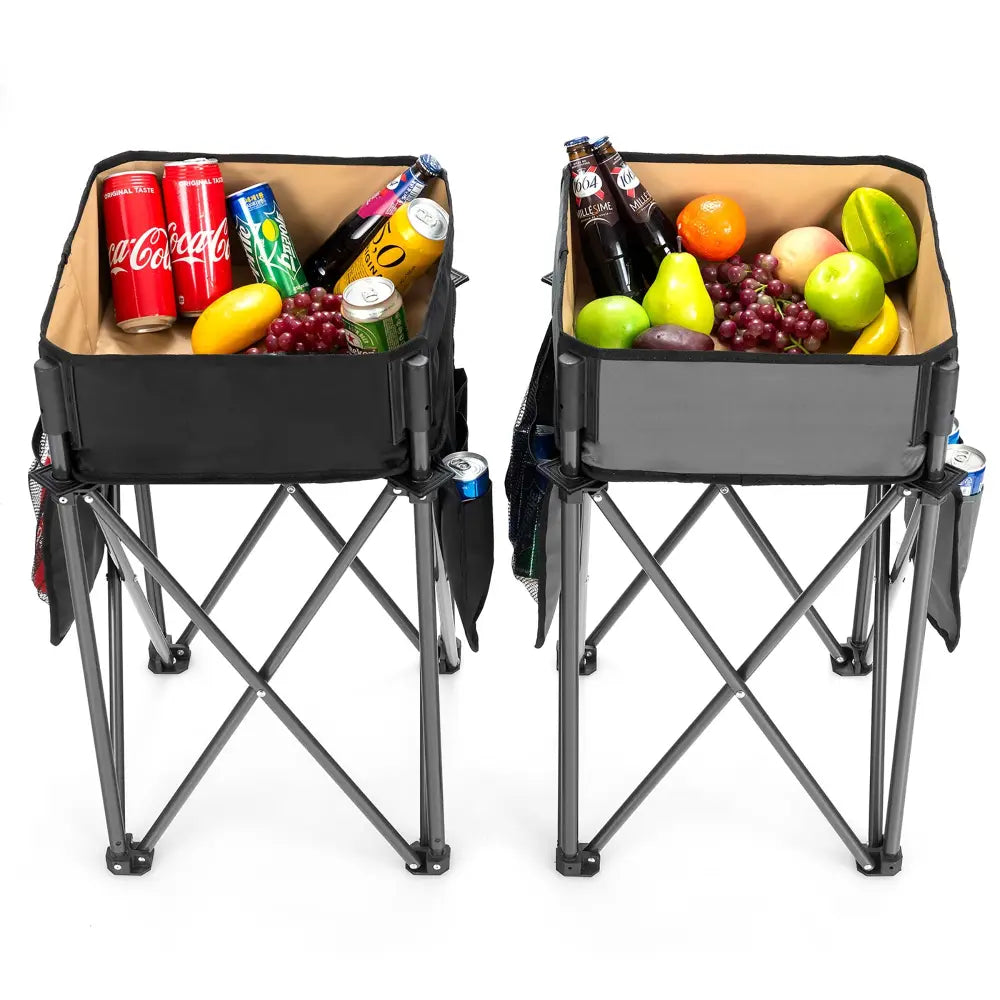 2 Pieces Folding Camping Tables with Large Capacity Storage Sink for Picnic-Black - Black - Camping Furniture
