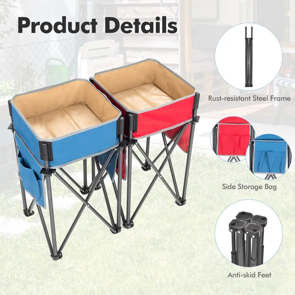 2 Pieces Folding Camping Tables with Large Capacity Storage Sink for Picnic-BlueRed - Blue - Camping Furniture