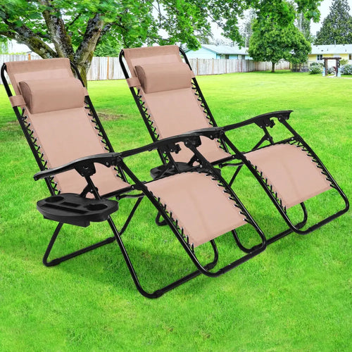 2 Pieces Folding Lounge Chair with Zero Gravity - Beige - Beige - Beach & Lawn Chairs