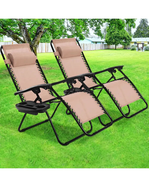2 Pieces Folding Lounge Chair with Zero Gravity - Beige - Beige - Beach & Lawn Chairs