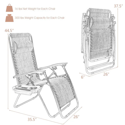 2 Pieces Folding Lounge Chair with Zero Gravity - Beige - Beige - Beach & Lawn Chairs