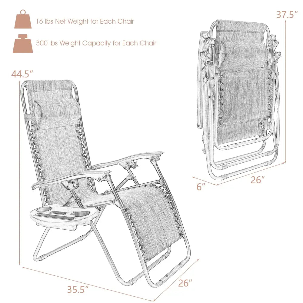 2 Pieces Folding Lounge Chair with Zero Gravity - Beige - Beige - Beach & Lawn Chairs