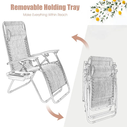 2 Pieces Folding Lounge Chair with Zero Gravity - Beige - Beige - Beach & Lawn Chairs