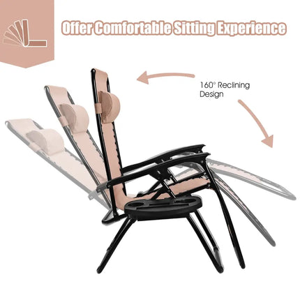 2 Pieces Folding Lounge Chair with Zero Gravity - Beige - Beige - Beach & Lawn Chairs
