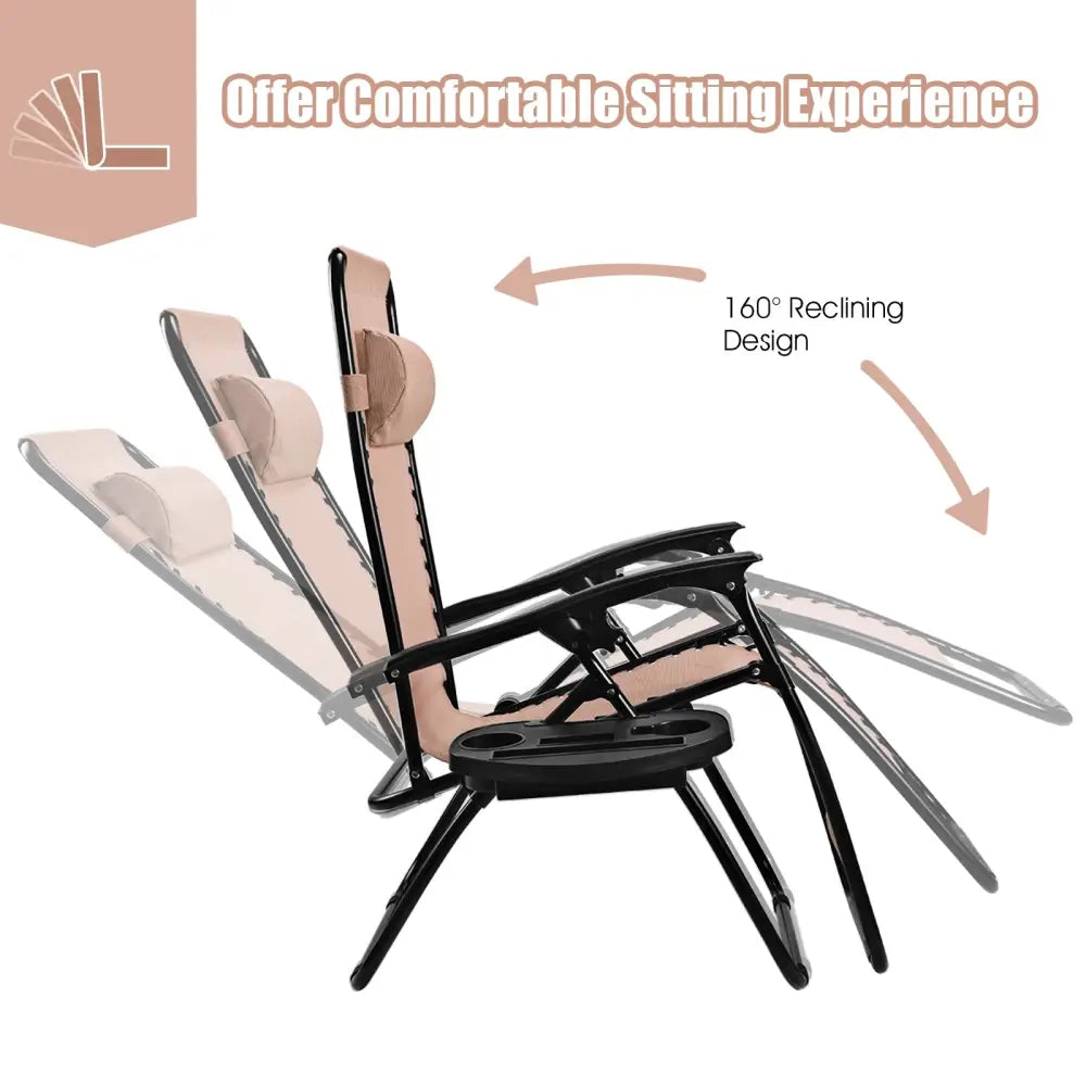 2 Pieces Folding Lounge Chair with Zero Gravity - Beige - Beige - Beach & Lawn Chairs