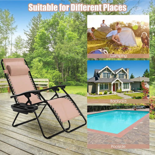 2 Pieces Folding Lounge Chair with Zero Gravity - Beige - Beige - Beach & Lawn Chairs