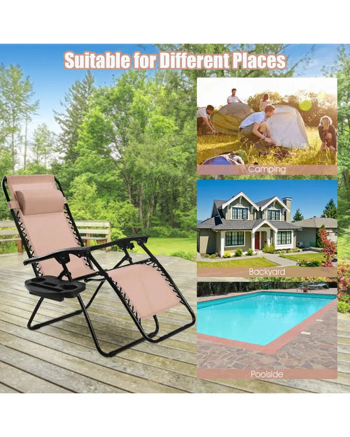 2 Pieces Folding Lounge Chair with Zero Gravity - Beige - Beige - Beach & Lawn Chairs