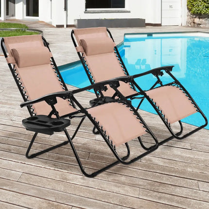 2 Pieces Folding Lounge Chair with Zero Gravity - Beige - Beige - Beach & Lawn Chairs