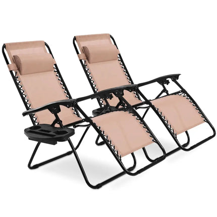 2 Pieces Folding Lounge Chair with Zero Gravity - Beige - Beige - Beach & Lawn Chairs