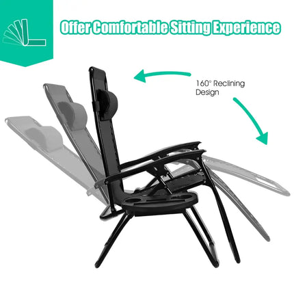 2 Pieces Folding Lounge Chair with Zero Gravity - Black - Black - Beach & Lawn Chairs