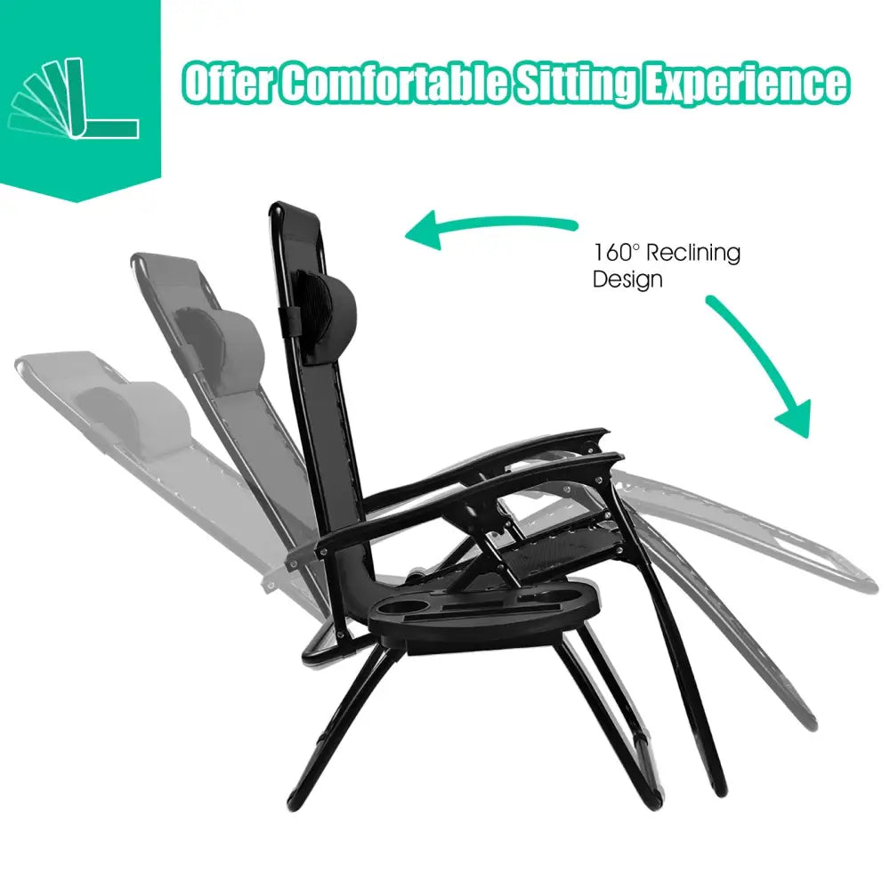 2 Pieces Folding Lounge Chair with Zero Gravity - Black - Black - Beach & Lawn Chairs