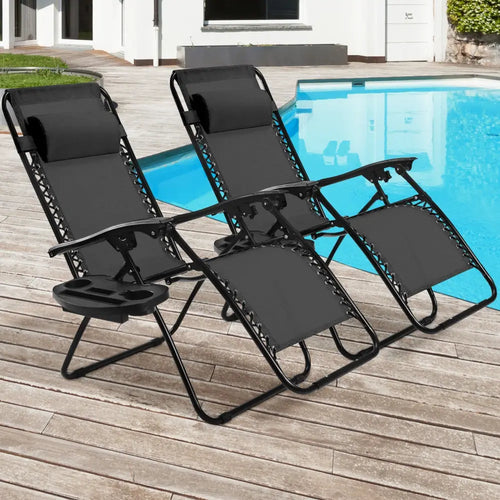 2 Pieces Folding Lounge Chair with Zero Gravity - Black - Black - Beach & Lawn Chairs