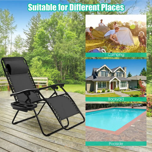 2 Pieces Folding Lounge Chair with Zero Gravity - Black - Black - Beach & Lawn Chairs