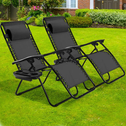 2 Pieces Folding Lounge Chair with Zero Gravity - Black - Black - Beach & Lawn Chairs
