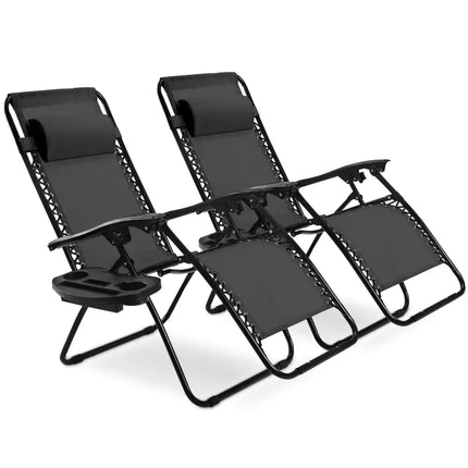 2 Pieces Folding Lounge Chair with Zero Gravity - Black - Black - Beach & Lawn Chairs