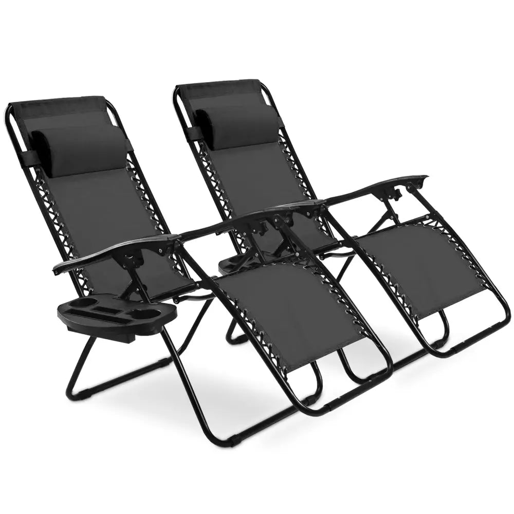 2 Pieces Folding Lounge Chair with Zero Gravity - Black - Black - Beach & Lawn Chairs