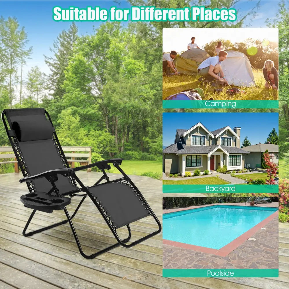 2 Pieces Folding Lounge Chair with Zero Gravity - Black - Black - Beach & Lawn Chairs