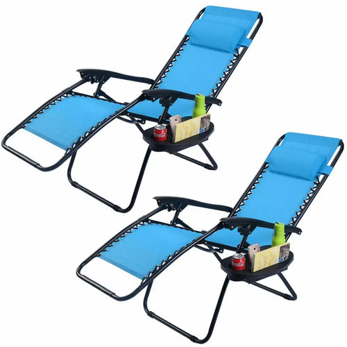 2 Pieces Folding Lounge Chair with Zero Gravity-Blue - Light Blue - Beach & Lawn Chairs