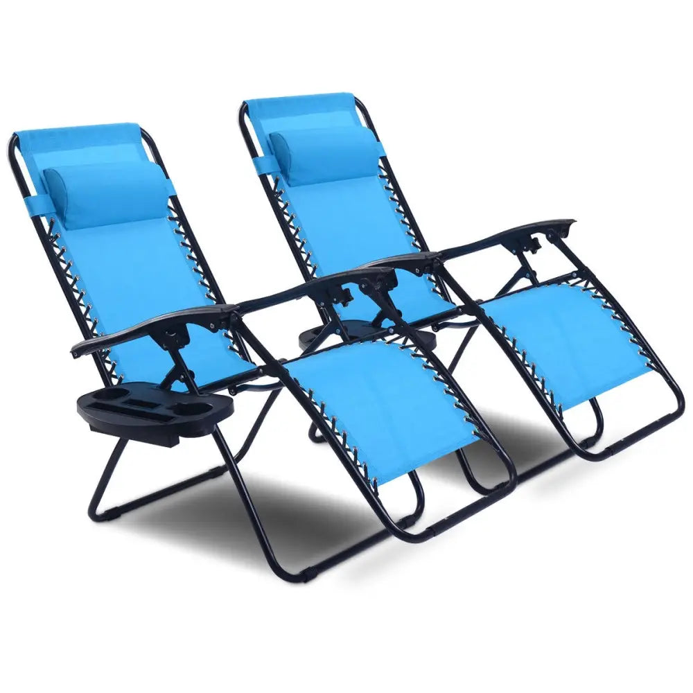 2 Pieces Folding Lounge Chair with Zero Gravity-Blue - Light Blue - Beach & Lawn Chairs