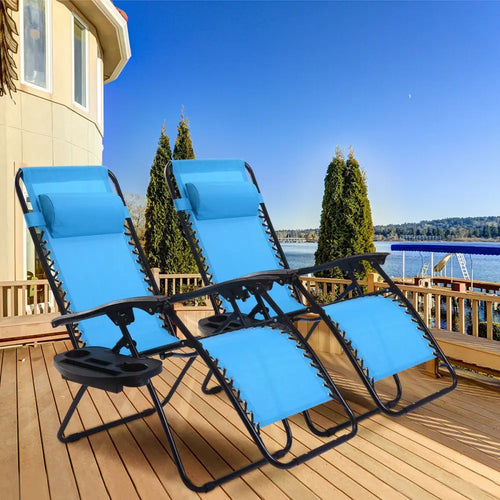 2 Pieces Folding Lounge Chair with Zero Gravity-Blue - Light Blue - Beach & Lawn Chairs