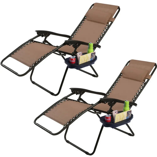 2 Pieces Folding Lounge Chair with Zero Gravity-Brown - Brown - Beach & Lawn Chairs