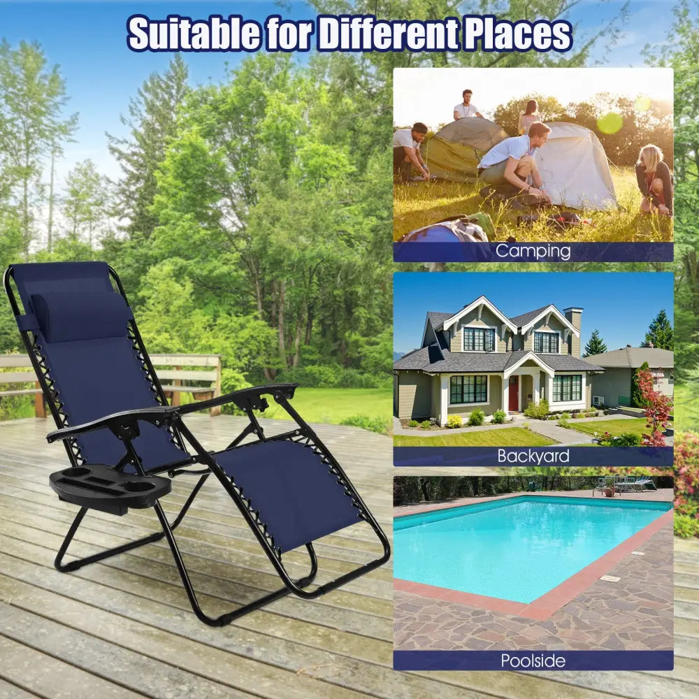 2 Pieces Folding Lounge Chair with Zero Gravity-Navy - Navy - Beach & Lawn Chairs