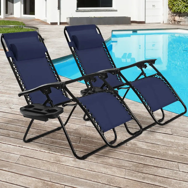 2 Pieces Folding Lounge Chair with Zero Gravity-Navy - Navy - Beach & Lawn Chairs